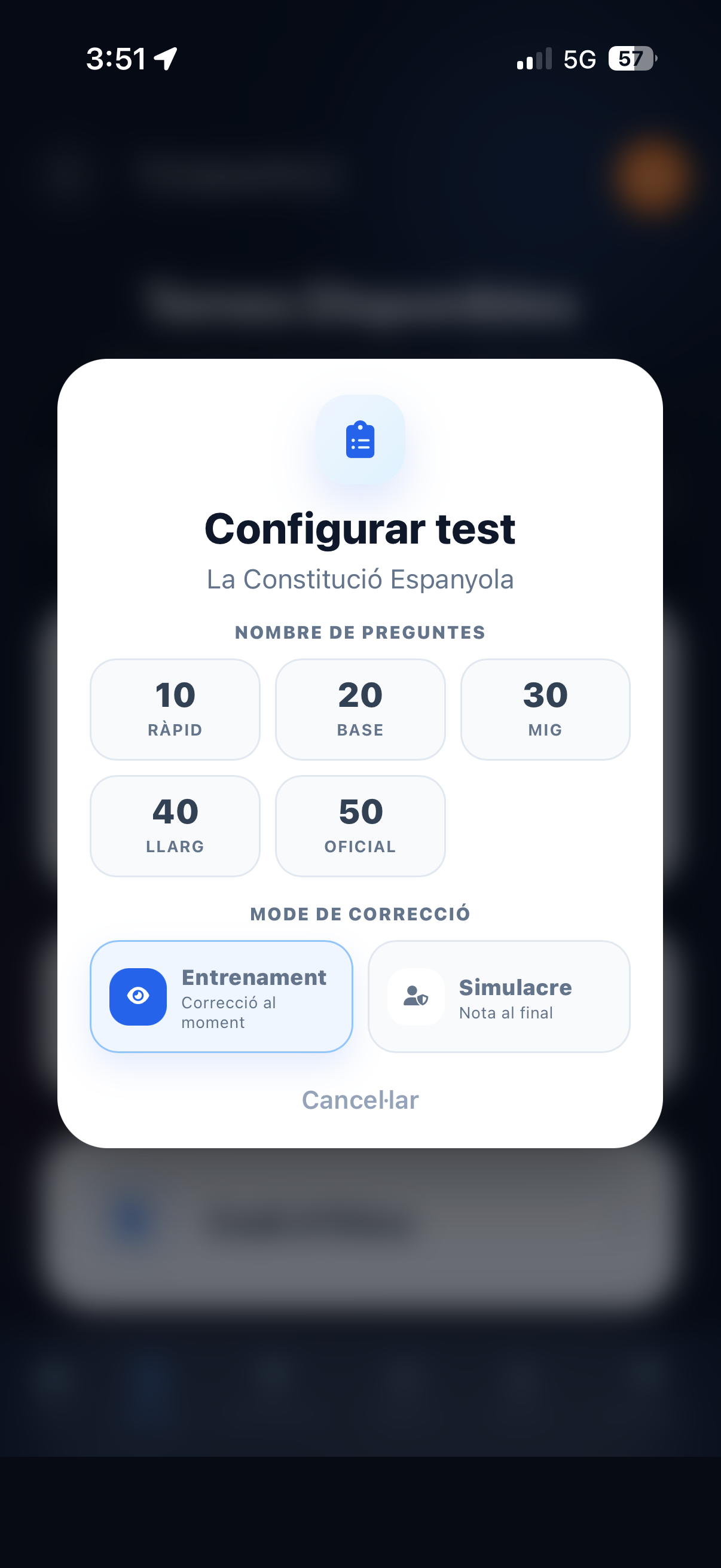 Pantalla per configurar un test d'UrbanCops