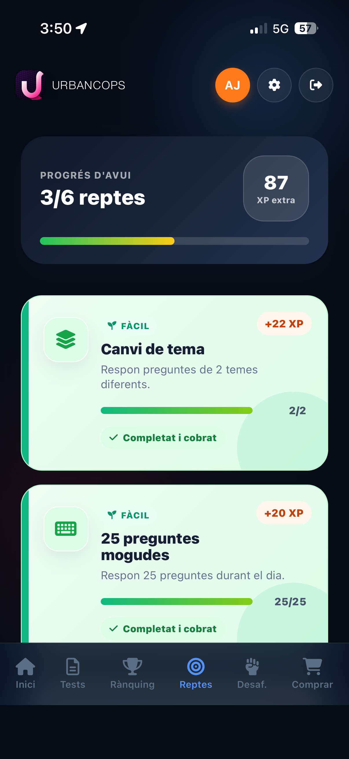 Pantalla de reptes diaris d'UrbanCops